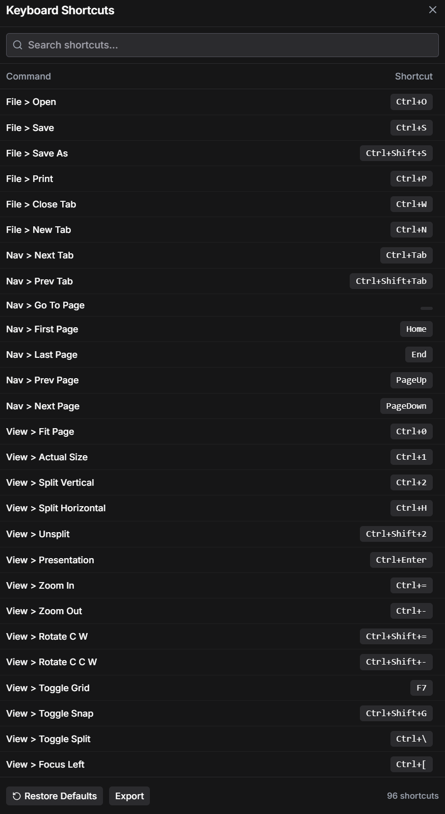 Layr searchable keyboard shortcuts window