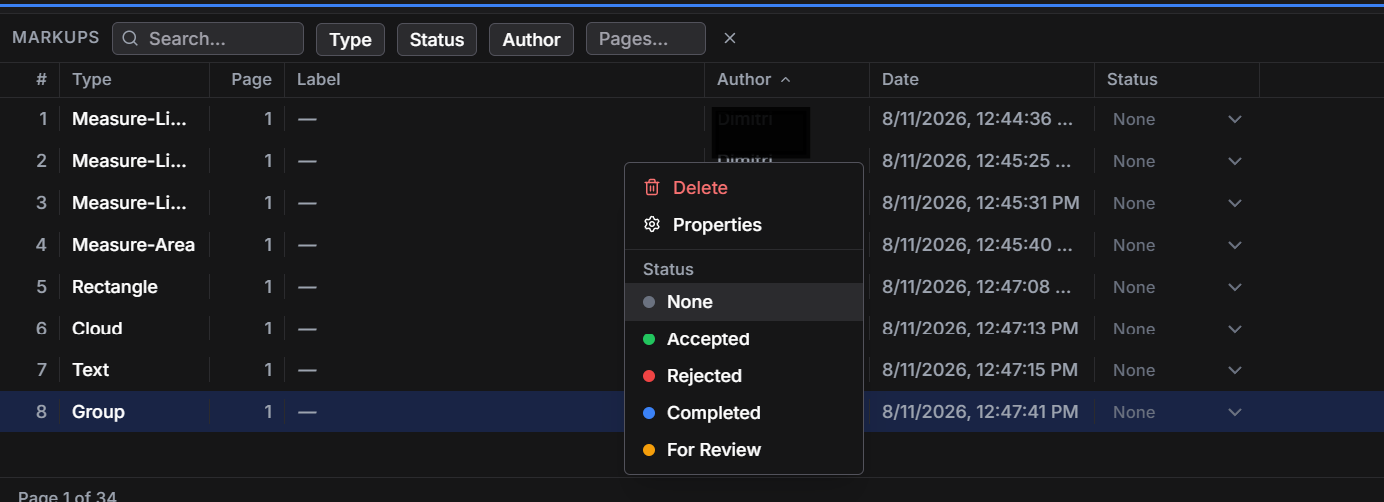 Layr markup register with author, date, and review status controls