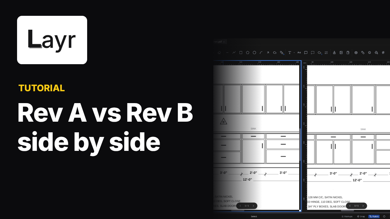 Two drawing revisions side by side: LayrPDF Split View tutorial showing sample cabinet drawings
