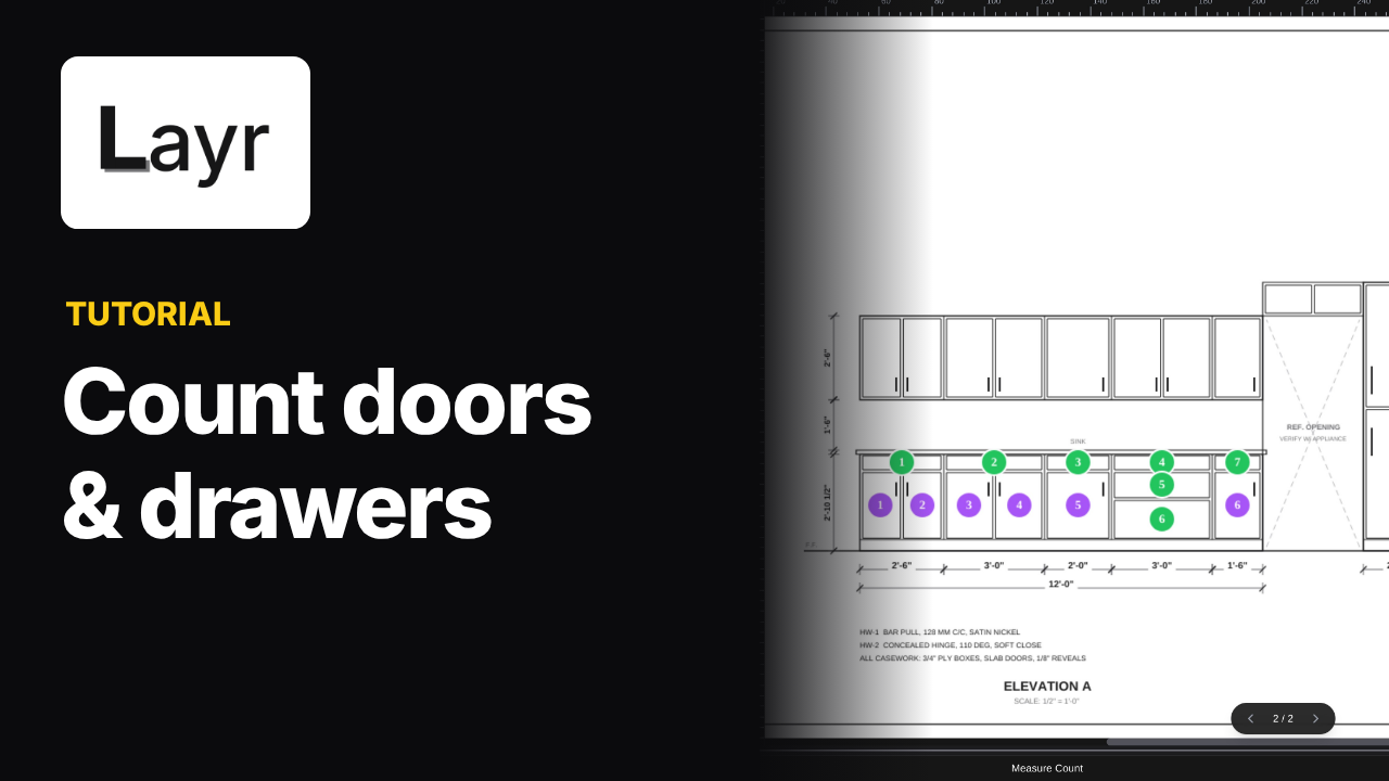 LayrPDF Count tutorial showing cabinet doors and drawers on a sample kitchen elevation