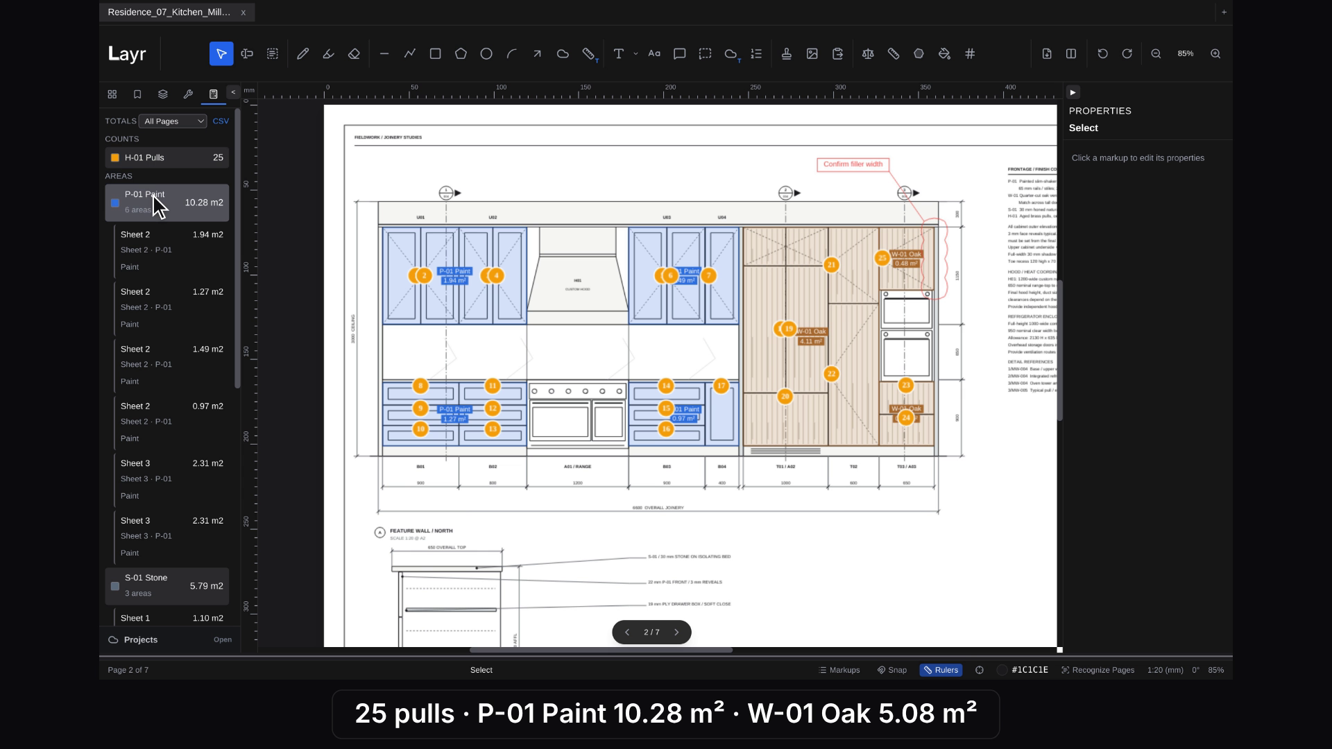 LayrPDF kitchen elevation with colored measured areas, numbered pull counts, a review note and the All Pages totals panel