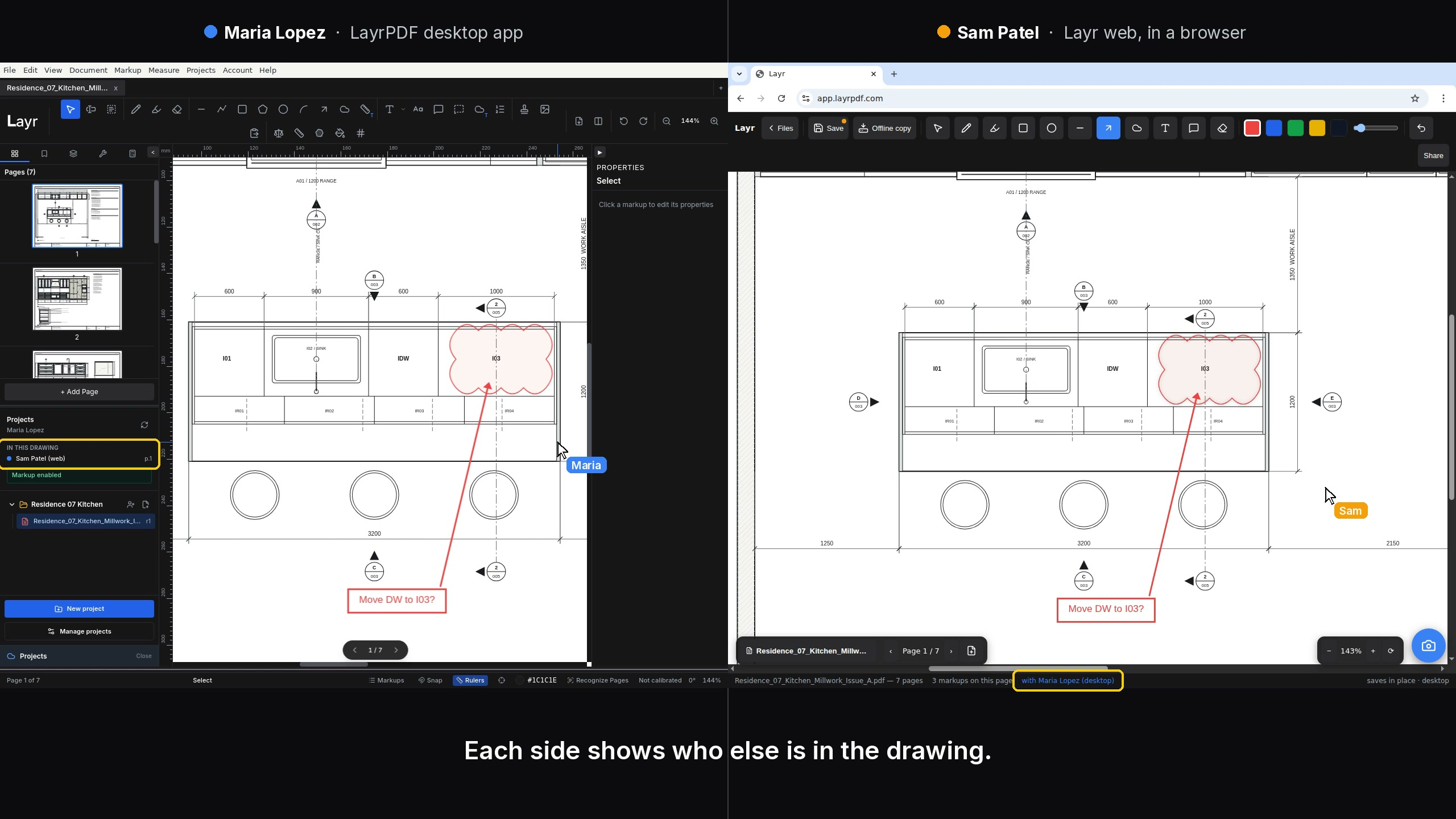 LayrPDF desktop and browser showing the same kitchen drawing with a revision cloud, the note Move DW to I03, an arrow and participant presence