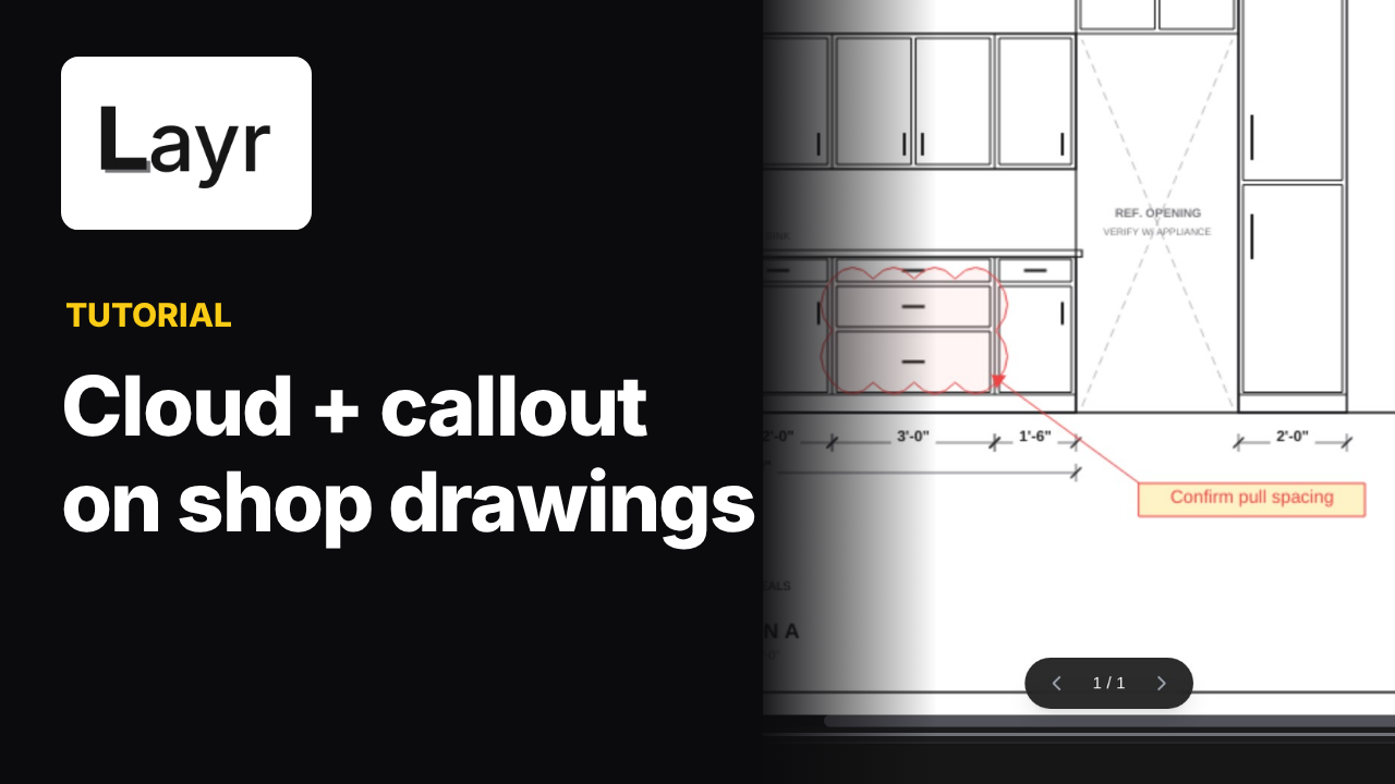 Cloud and callout on shop drawings: LayrPDF tutorial thumbnail with sample cabinet elevation